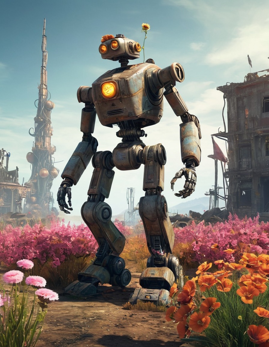 robot, flowers, post-apocalyptic, technology, robots