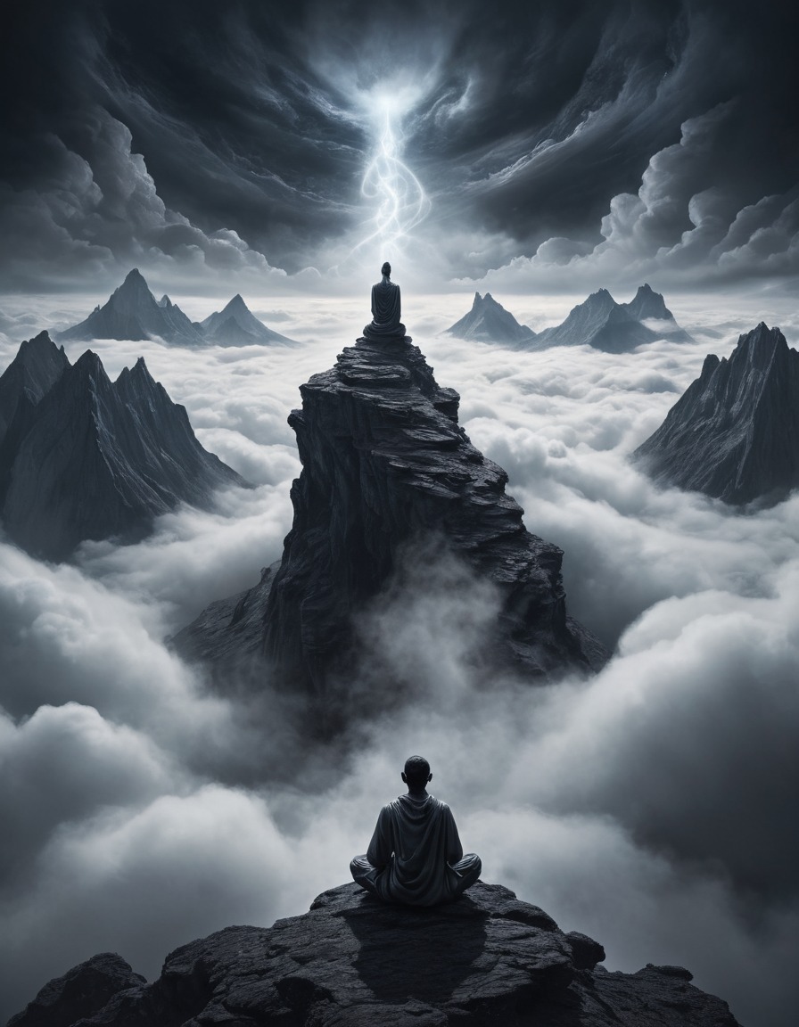 meditation, mountain peak, swirling clouds, loneliness, spirituality