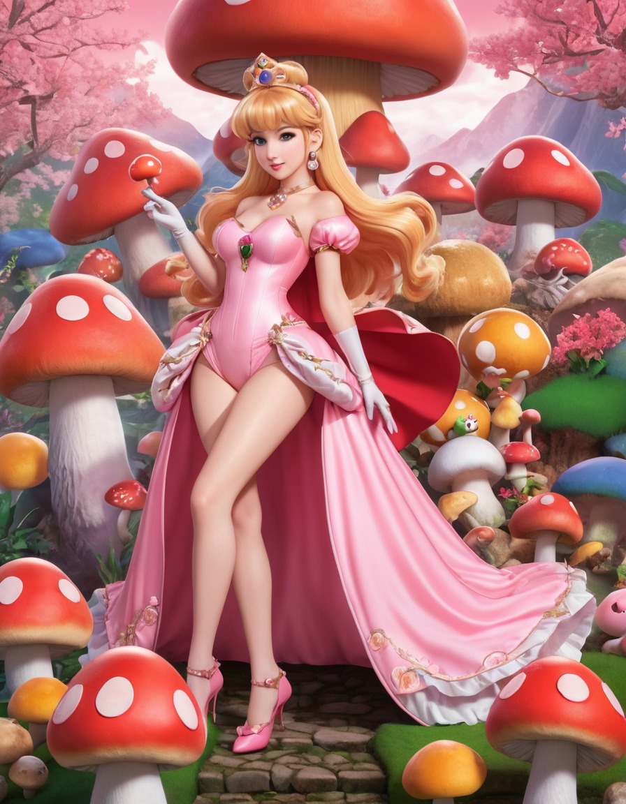 princess peach, super mario bros, video game, character, mushrooms, elegant, pink gown, anime, games