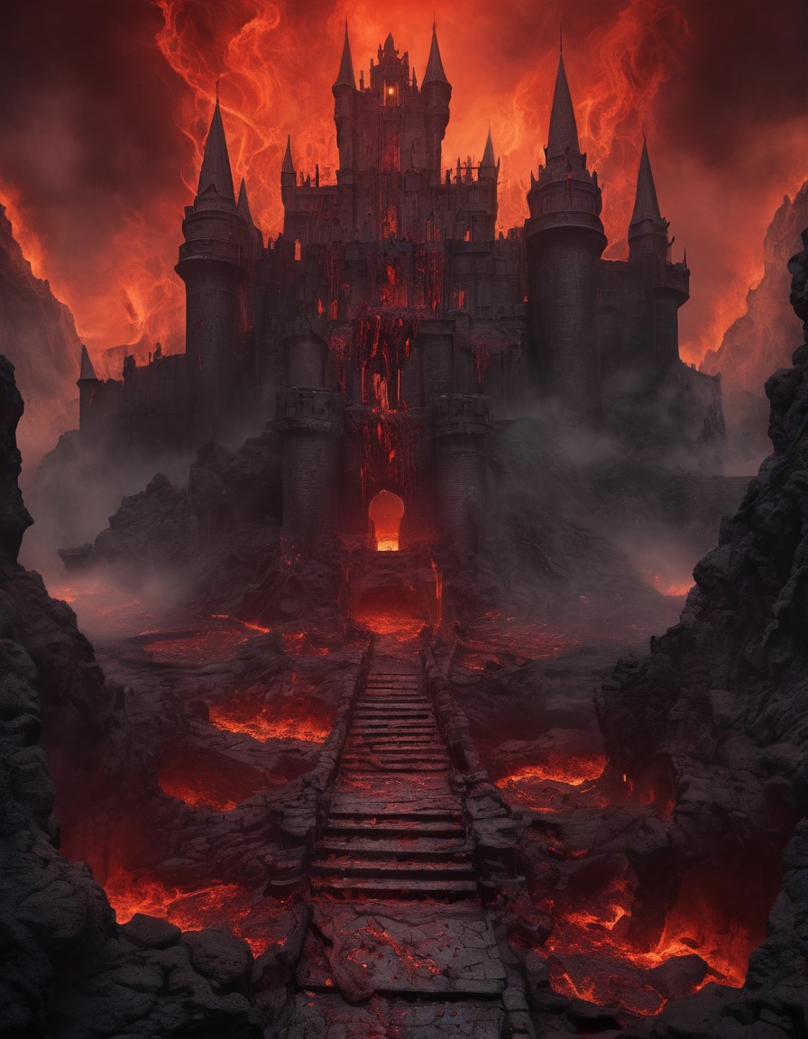 eerie, castle, hell, demons, lava, blood, moat, demon, sexy, nsfw	