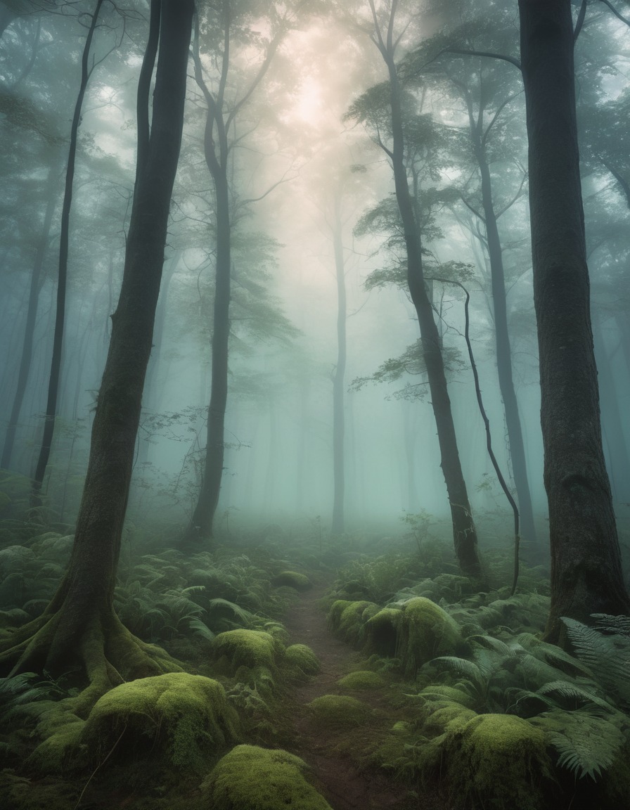 mystical forest, fog, ethereal, mysterious, nature