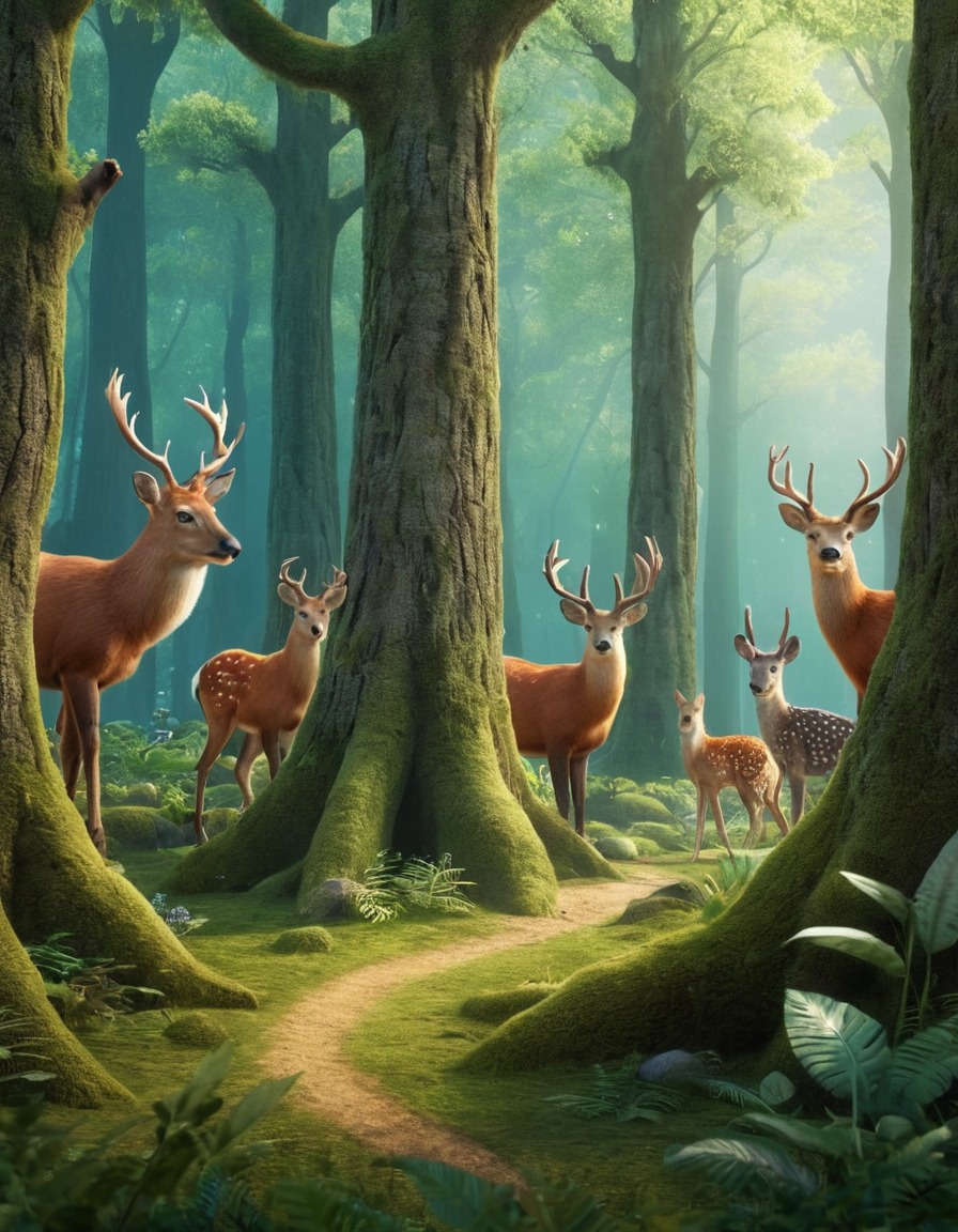 fantasy, whimsical, magical, sentient forest, anthropomorphic animals, enchanted forest, fantastic