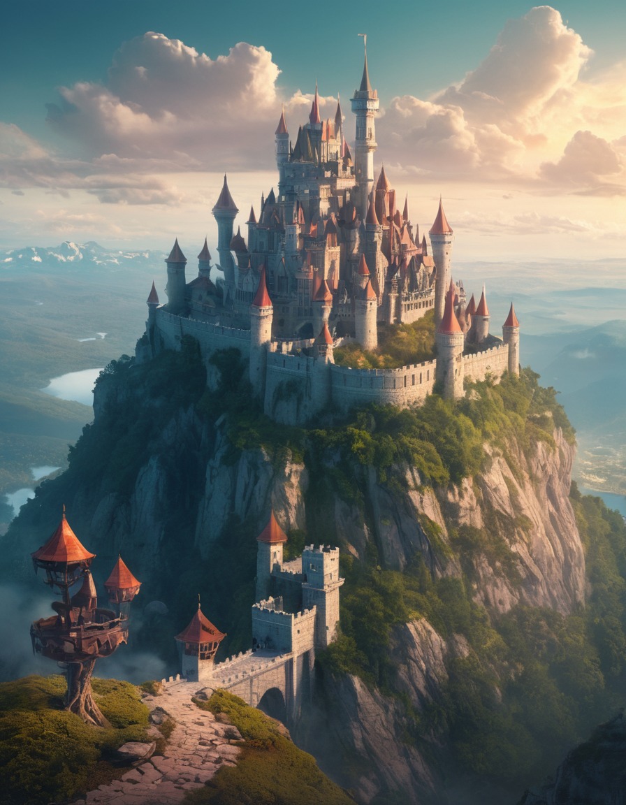 castle, mountaintop, kingdom, mythical creatures, fantasy, fantastic