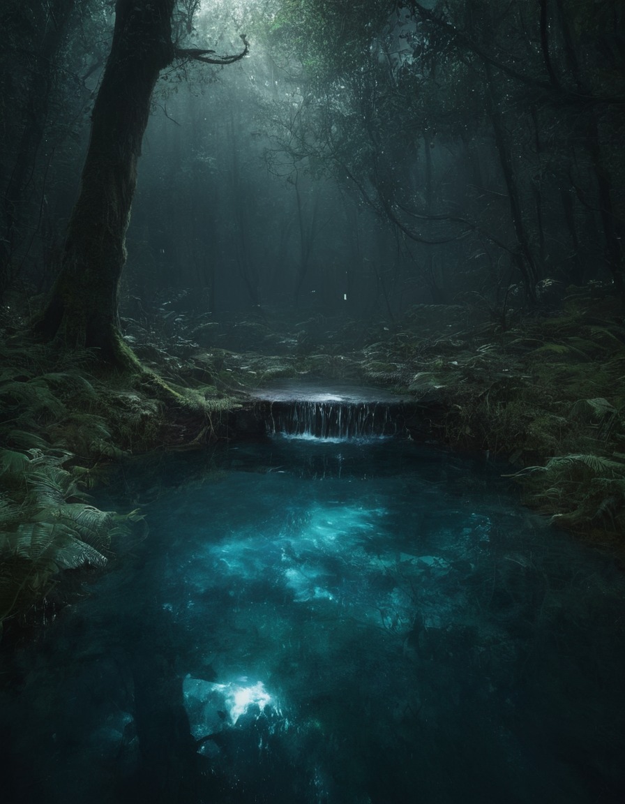 mystical, water, forest, hidden, clearing