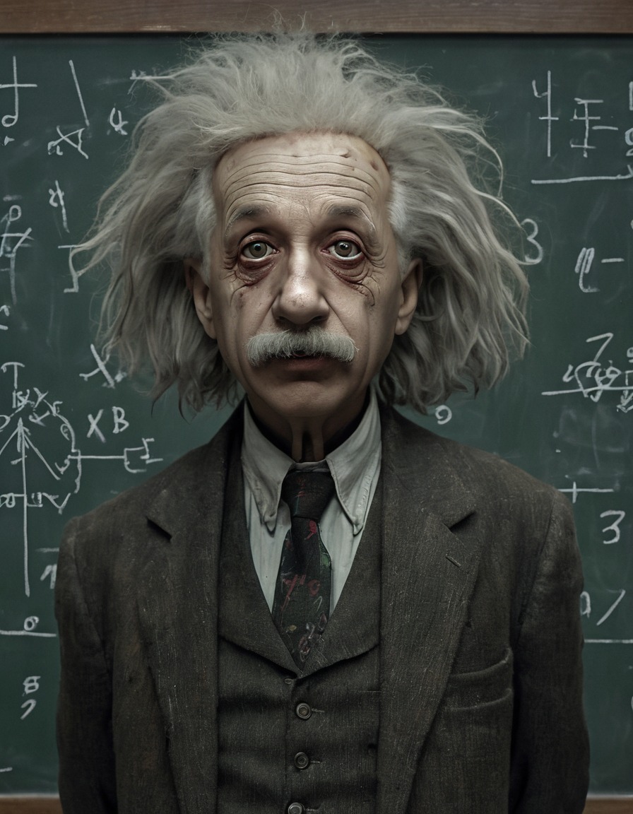 albert einstein, undead, wild hair, tattered clothing, chalkboard, equations, menacing glare, zombie