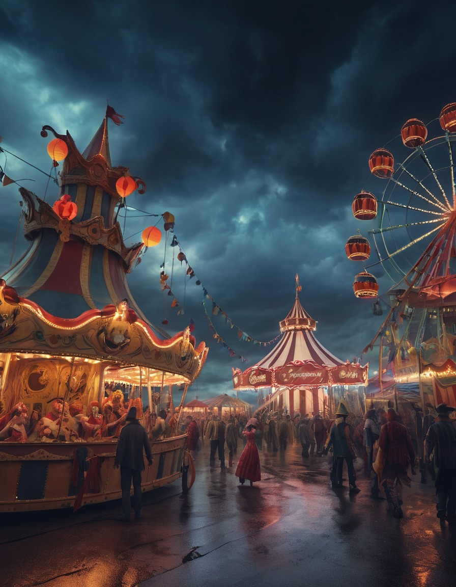 sinister, carnival, creepy clowns, grotesque, midnight, stormy sky, lovecraft, howard lovecraft