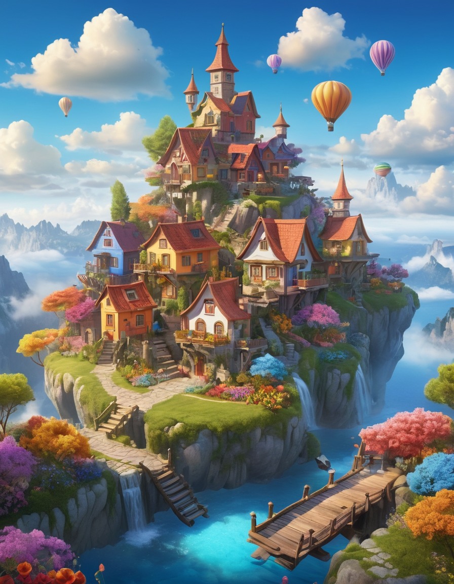 fantasy, whimsical, village, clouds, floating houses, colorful gardens, fantastic