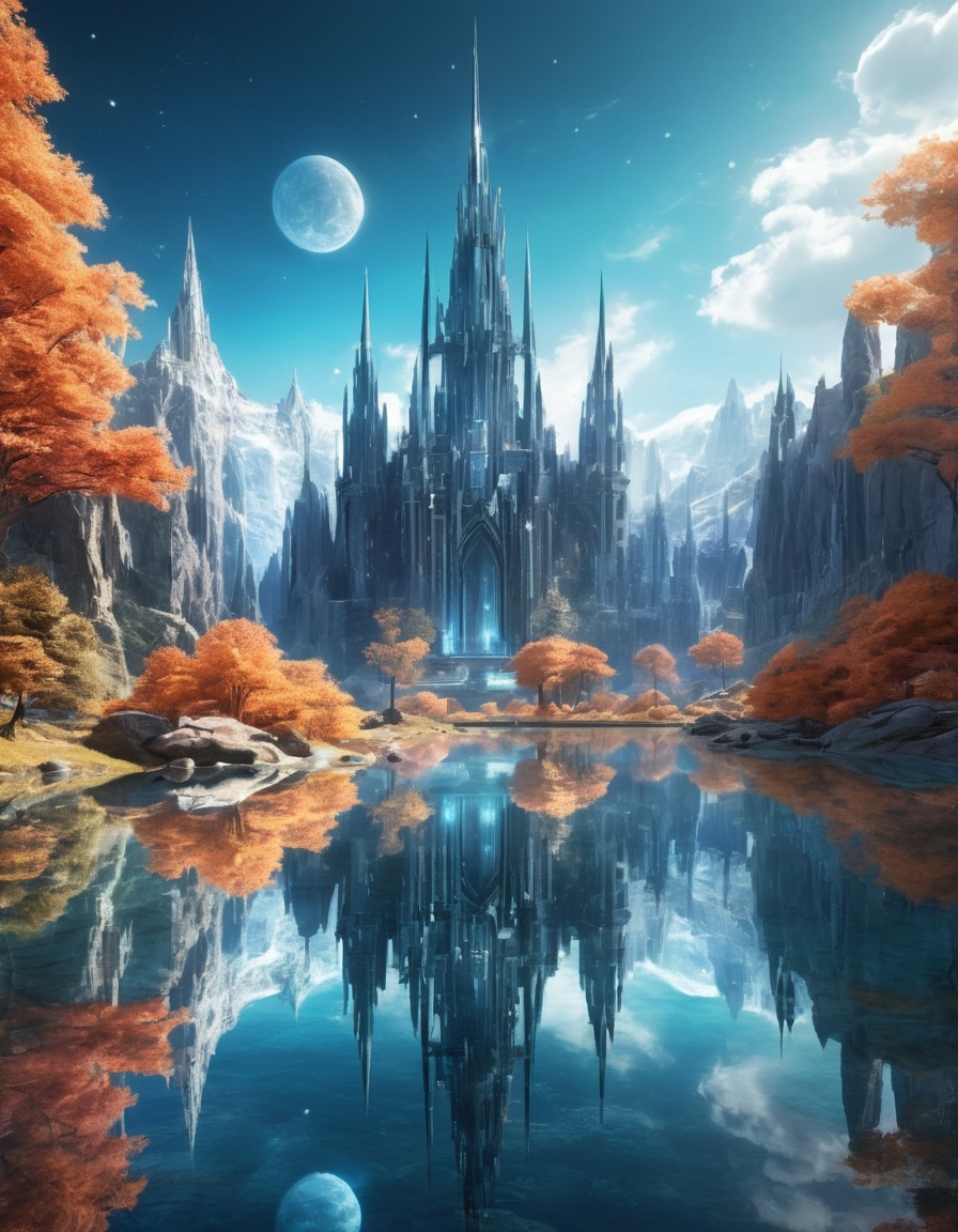 mirrored lake, city of gleaming crystal spires, fantasy scene, reflection, sparkling, magical, serene