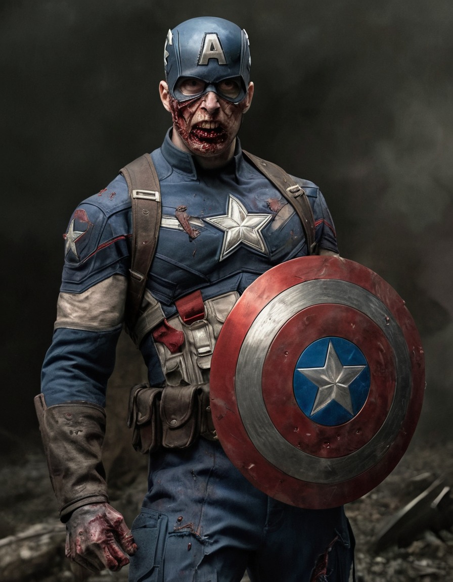 zombie, captain america, shield, superhero, decayed costume, marvel