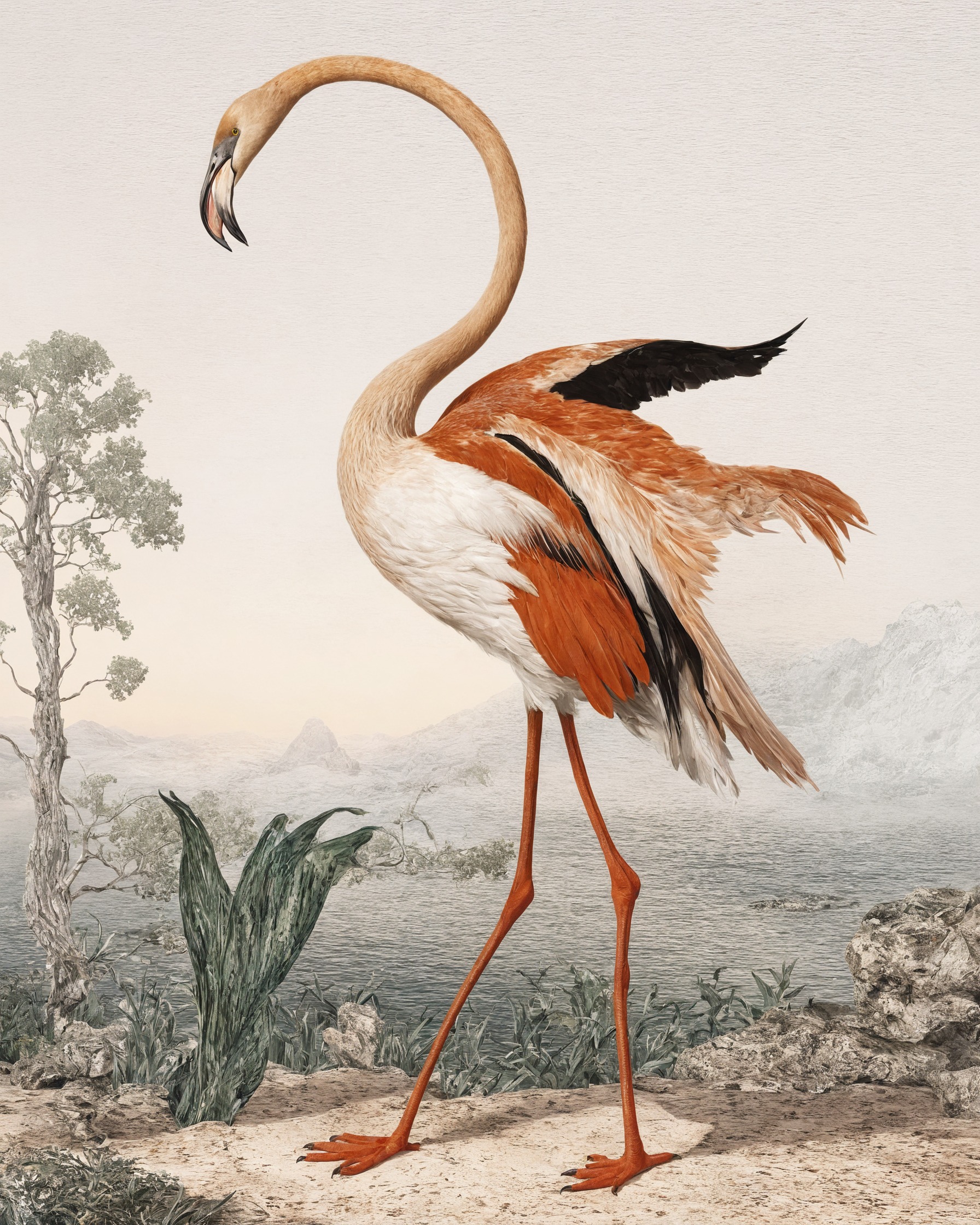 scientific illustration, birds, flamingos