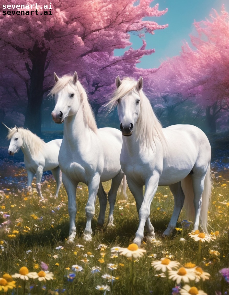 unicorns, magical, meadow, glowing, flowers