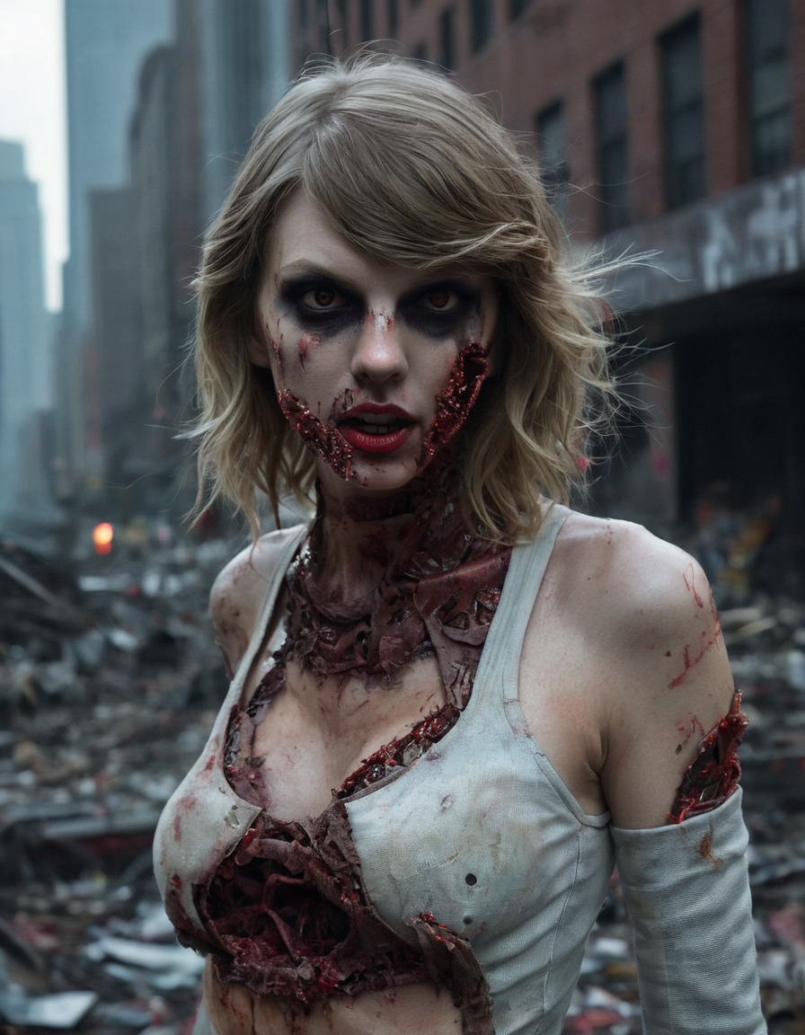 taylor swift, zombie, decay, post-apocalyptic, horror, glowing eyes, celebrities