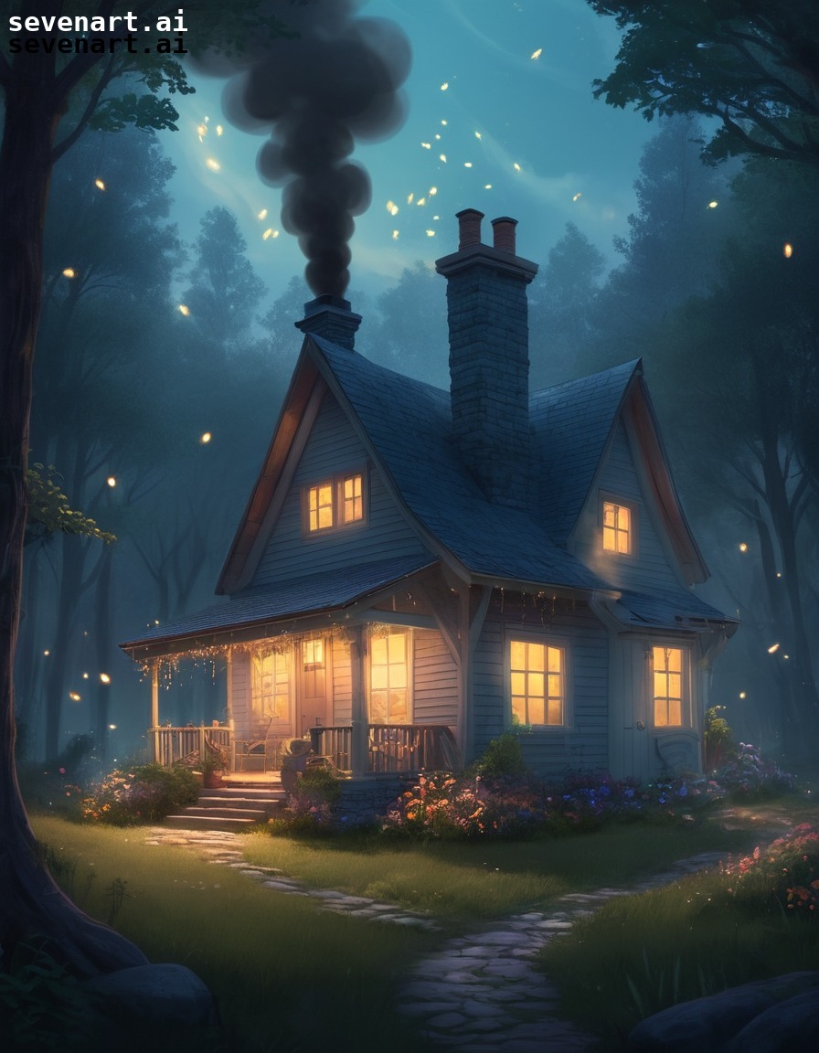 storybook, cottage, woods, smoke, fireflies, house, home