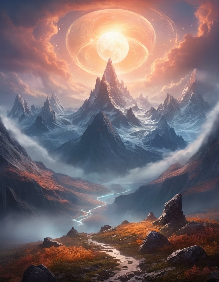 mountain range, peaks, mist, orbs, fantastic