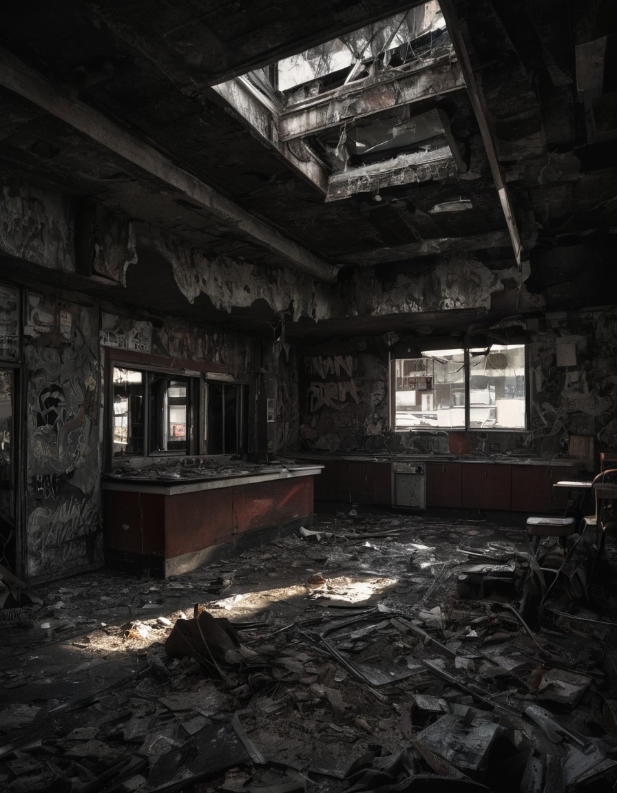 abandoned, restaurant, urban, big city, disused building, empty establishment