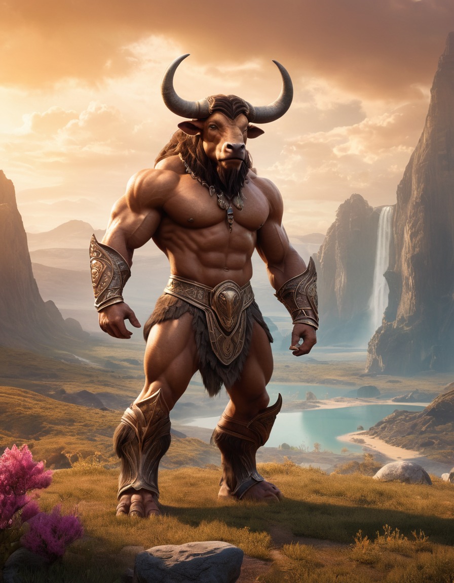 mythical creature, fantasy, landscape, minotaur, otherworldly, majestic