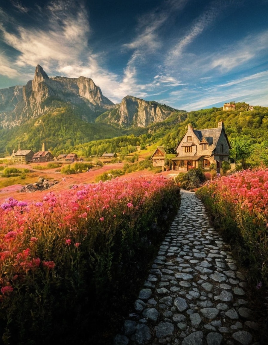 poland, landscape, mountain, cottage, pink flowers, wild flowers, path, nature, flowers, beautiful, petitworld favs