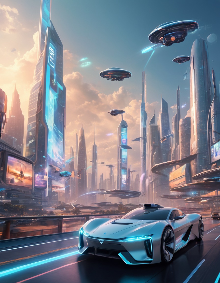 futuristic, cityscape, flying cars, holographic advertisements, technology, modern city, city