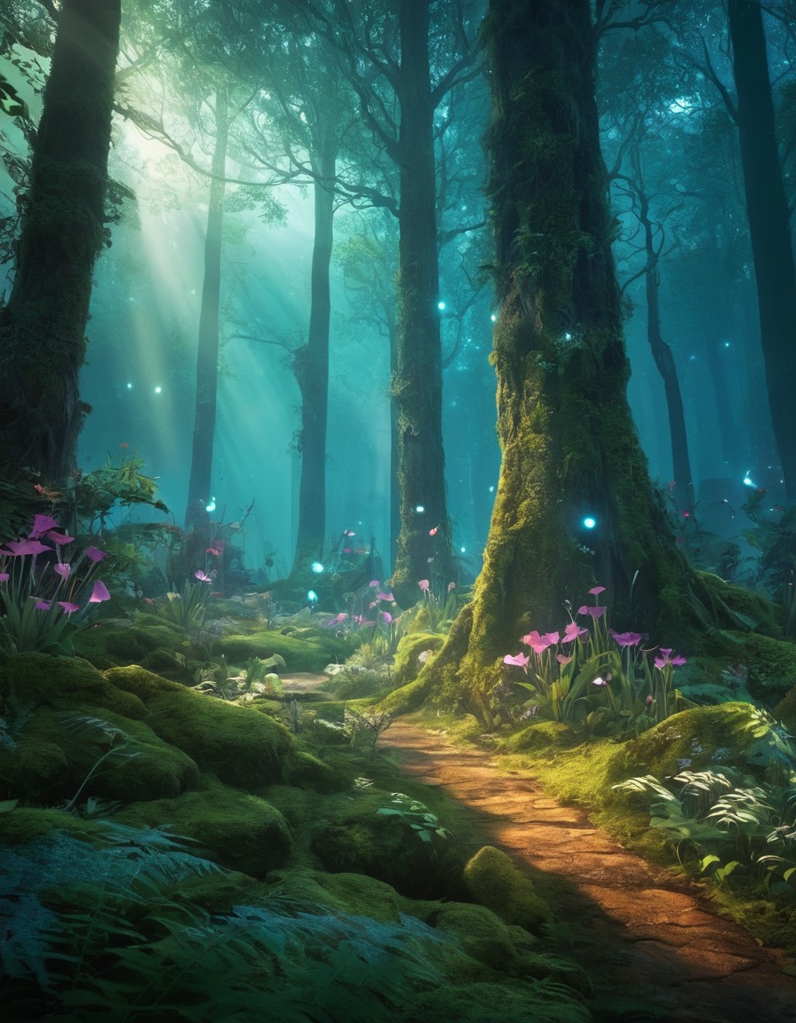 forest, mystical, glowing, fauna, flora, fantastic