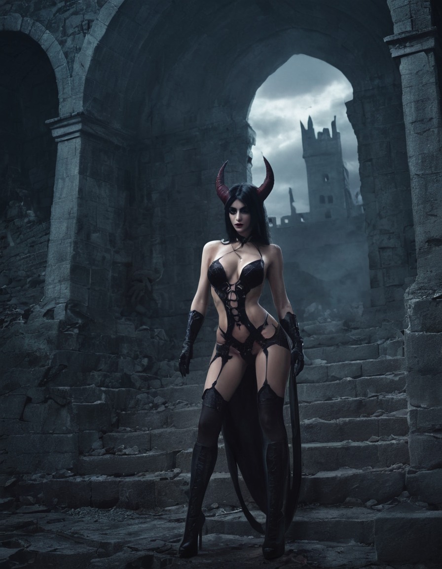 succubus, castle ruins, mysterious, fantasy, supernatural