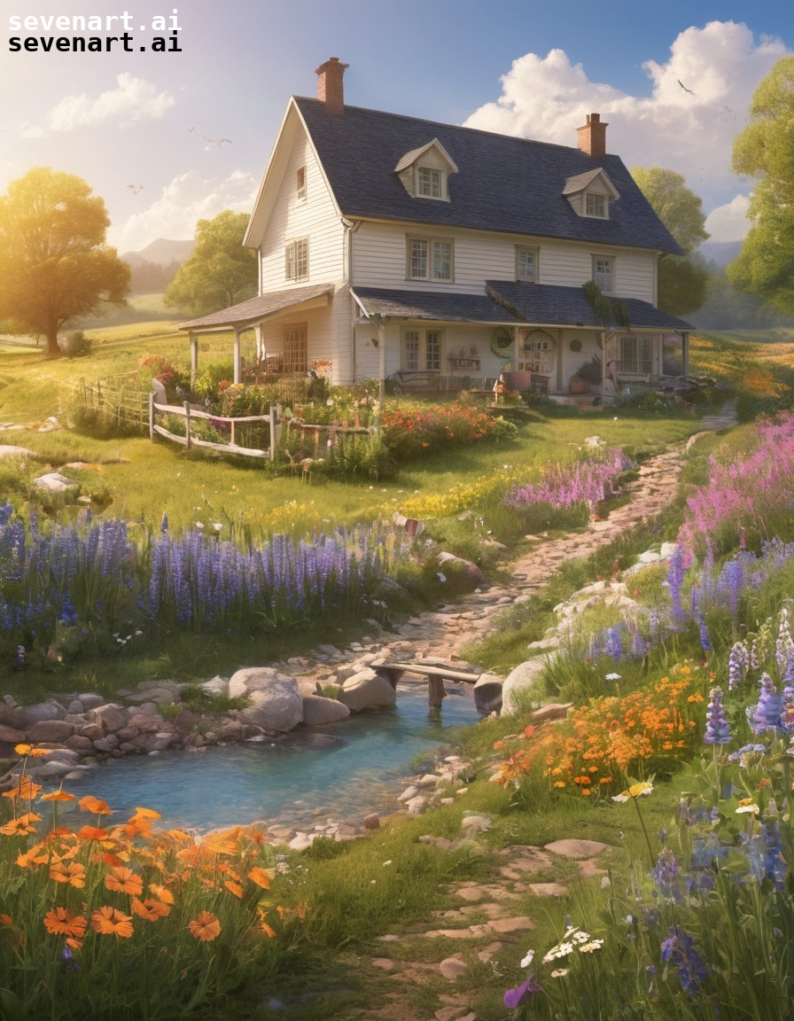 countryside, cozy, wildflowers, babbling brook, animals, house, home