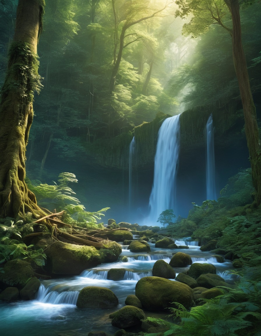 waterfall, dense forest, nature, environment