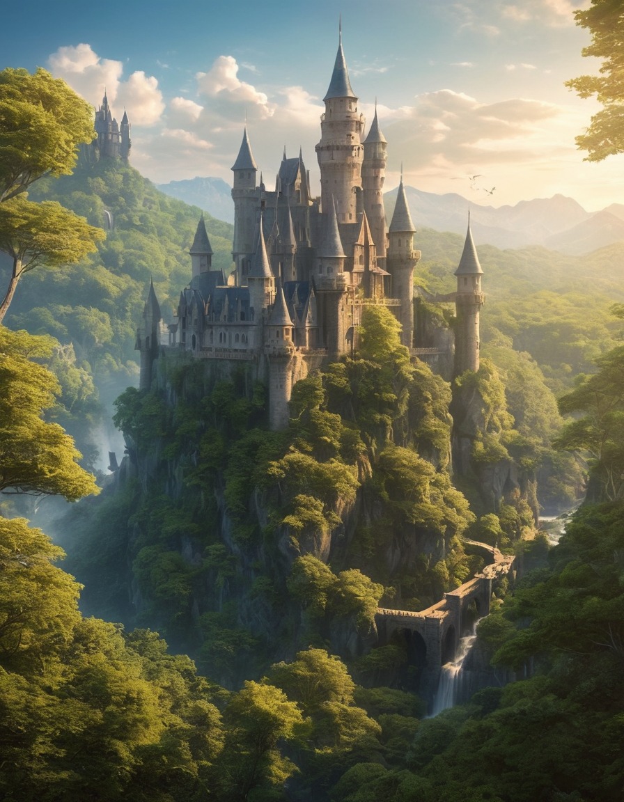 ancient castle, dense forest, fantasy scene, medieval architecture, magical setting, enchanted woodland, historical landmark