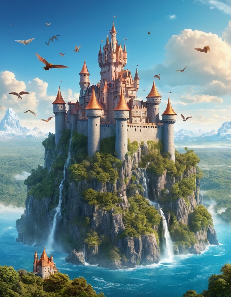 castle, fantasy, floating, sky, creatures, fantastic