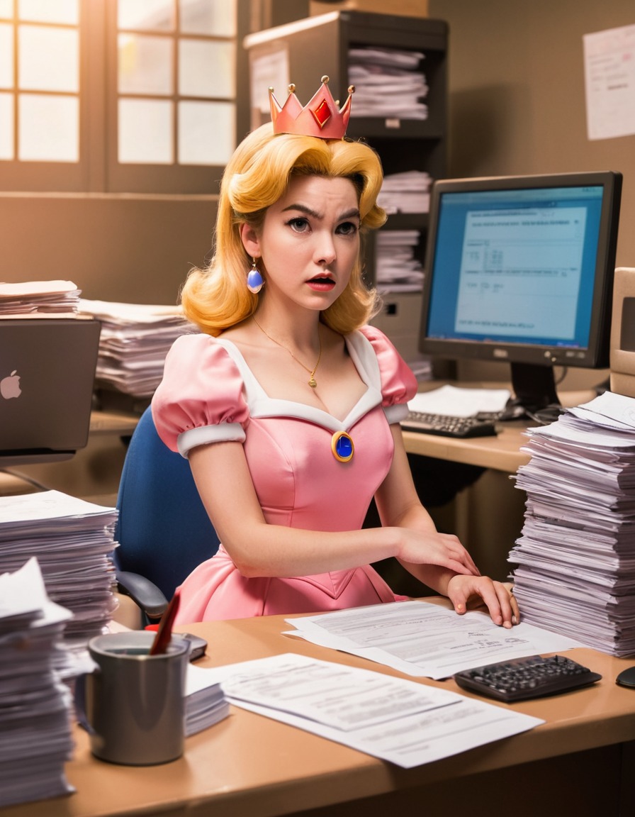 princess peach, paperwork, frustration, office, computer, games, girls from games