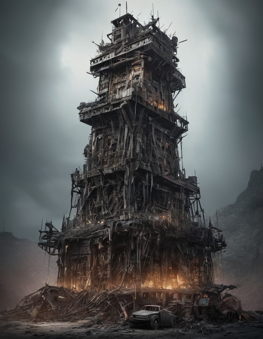 fortress, scrap metal, debris, architecture, post-apocalyptic, futuristic, mad max