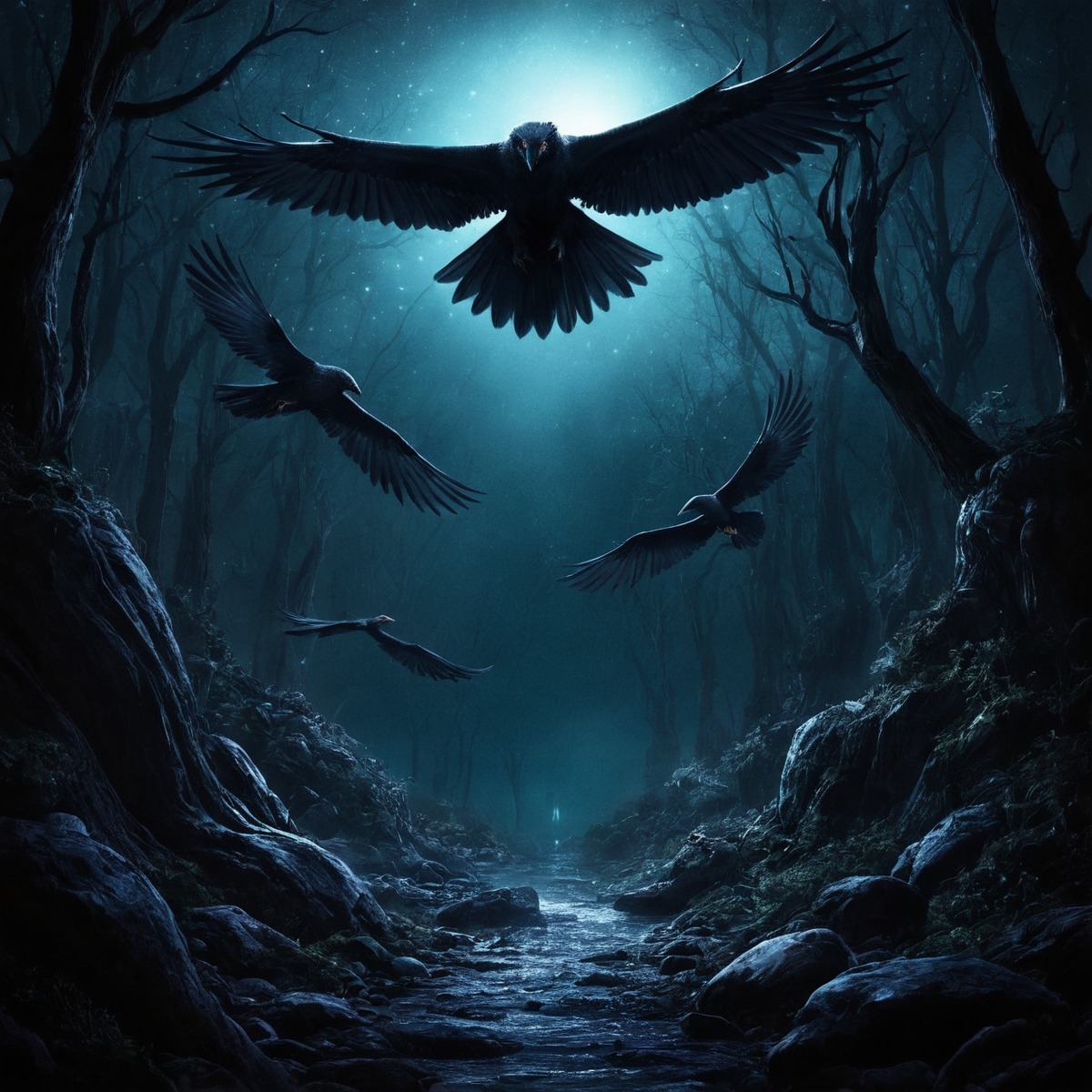 digitalart, magic, fantasyart, forest, bird, crows, ravens