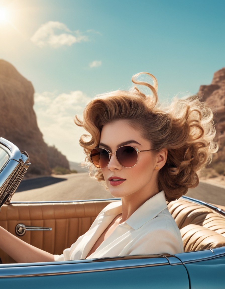 vintage, convertible, sunglasses, woman, allure