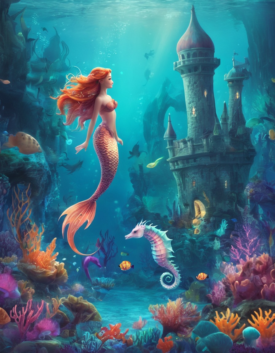 underwater, kingdom, mermaids, seahorses, fantasy