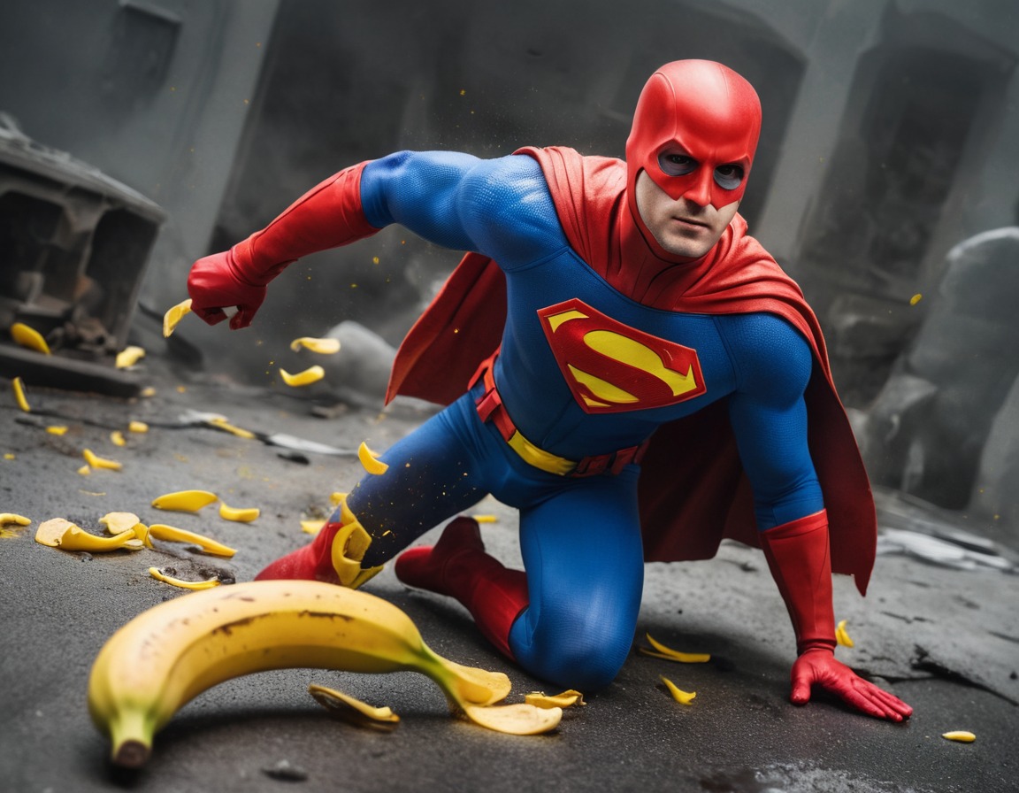 superhero, banana peel, humor, rescue, accident, fun, people