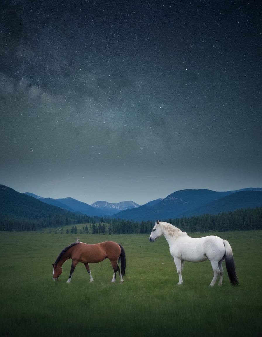 wild horses, meadow, peaceful, night sky, grazing, nature