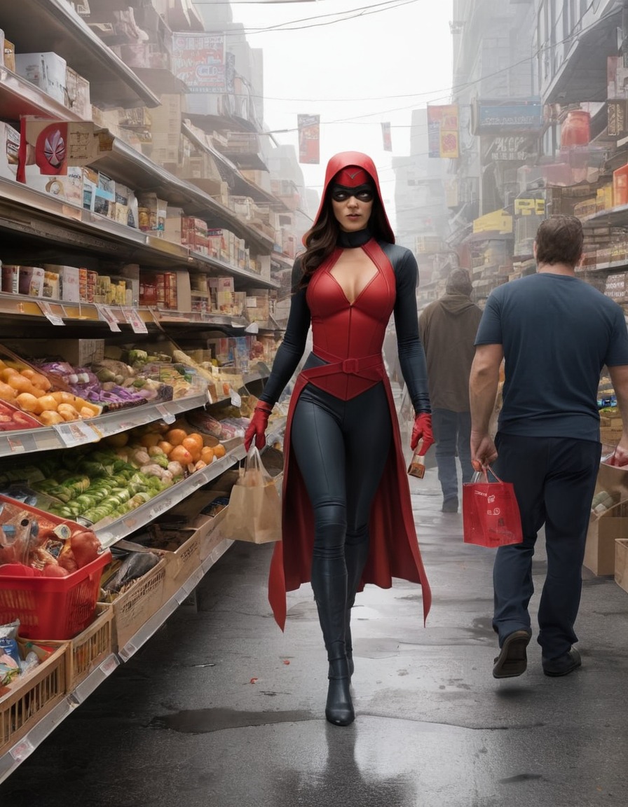 elektra, marvel comics, superhero, grocery shopping, city street, superheroine, bikini