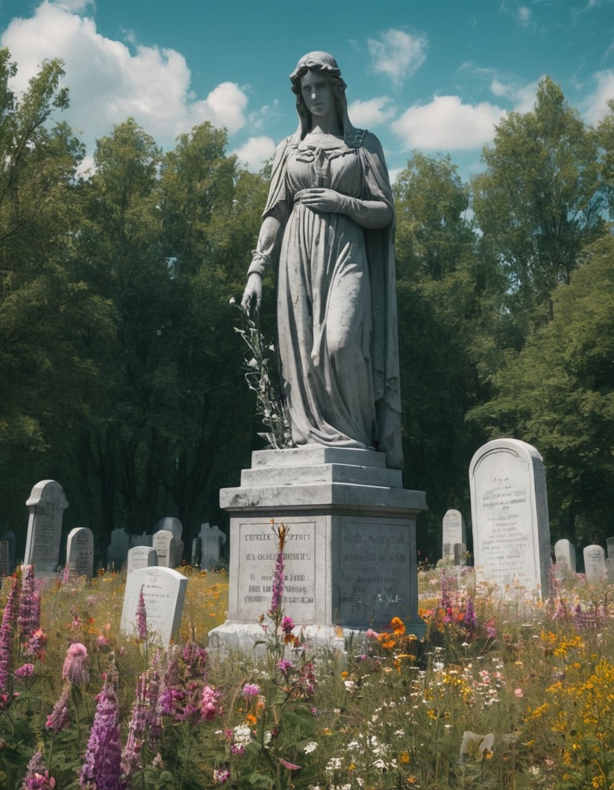 memorial, statue, wildflowers, war-torn, cemetery, war