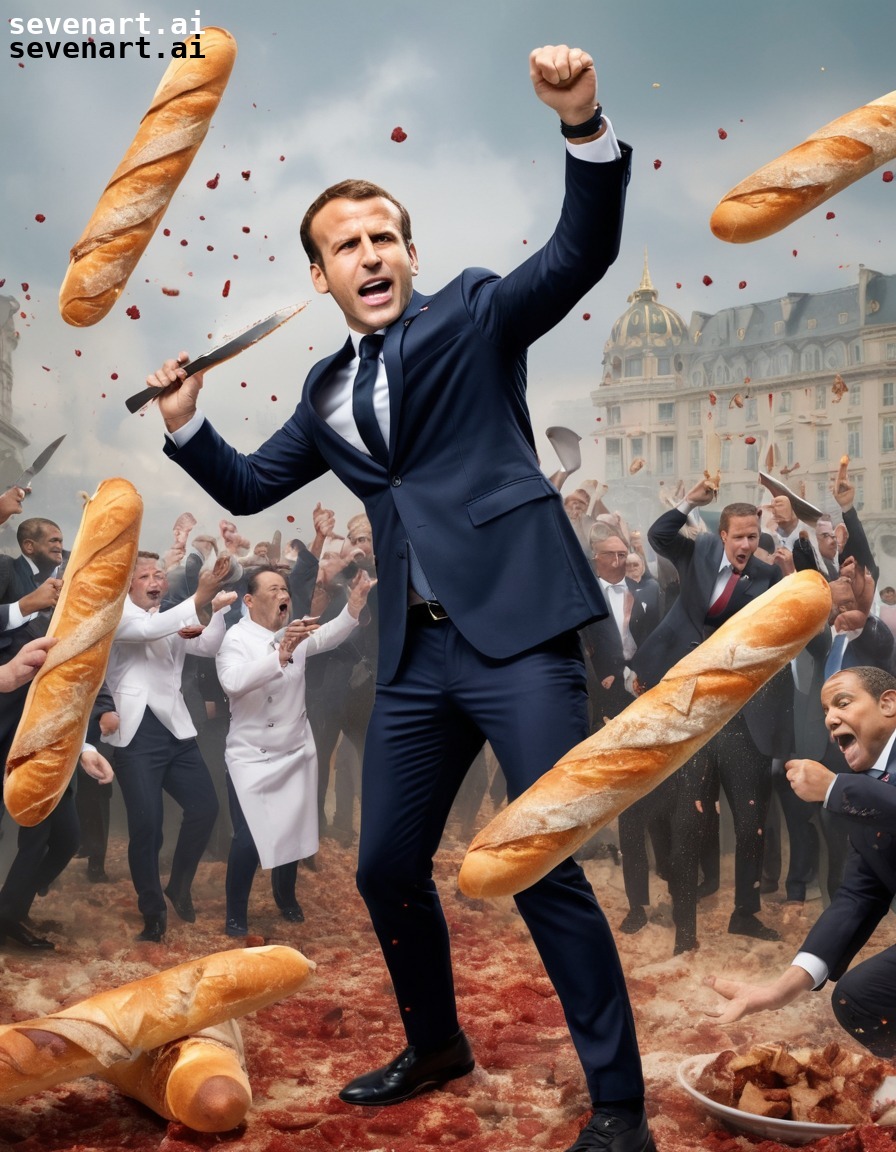 food fight, baguettes, world leaders, humor, macron, emmanuel macron, france