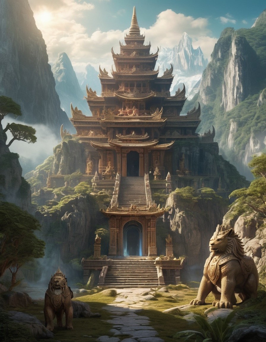 ancient temple, mystical, mountain range, mythical beasts, wise beings, immortal beings, fantastic