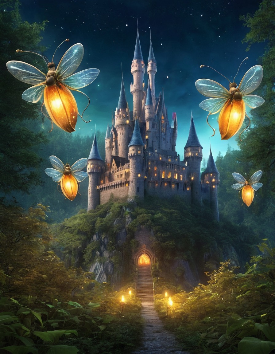 enormous, luminous, fireflies, castle, enchanted, magical, ancient forest, fantastic