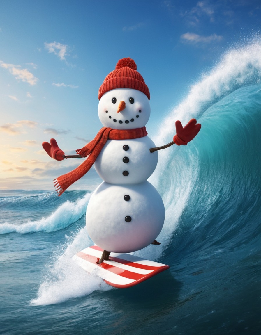 snowman, surfing, ocean, unusual, winter, water sports, unexpected