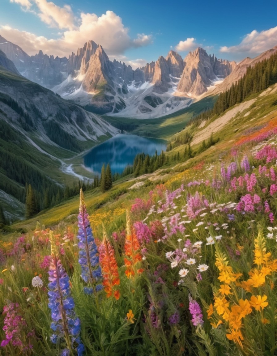 mountains, valley, wildflowers, nature, scenery