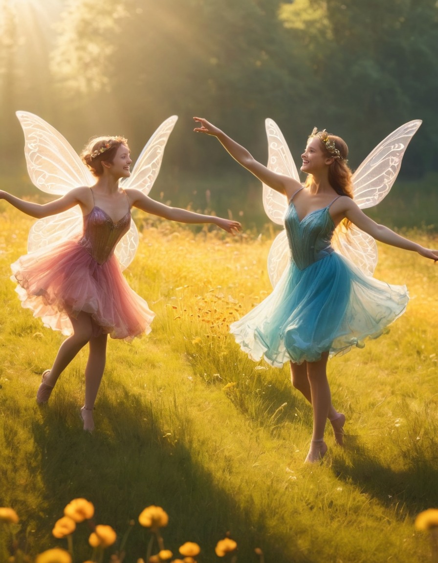 fairies, dancing, sunlit, meadow