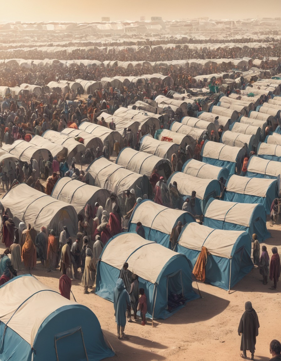 refugee camp, overcrowded, tents, aid distribution, humanitarian crisis, war