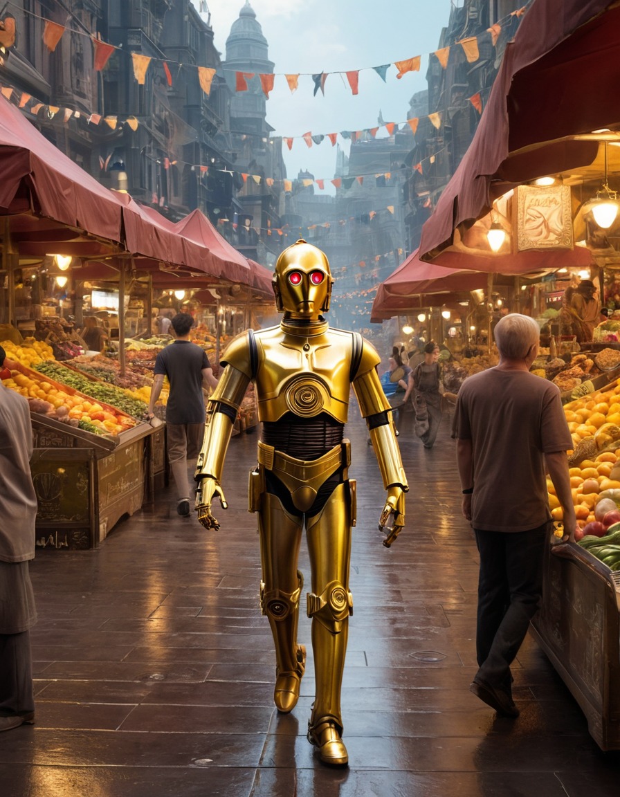 star wars, c-3po, droid, sci-fi, futuristic, marketplace, alien planet, robots, games, movies