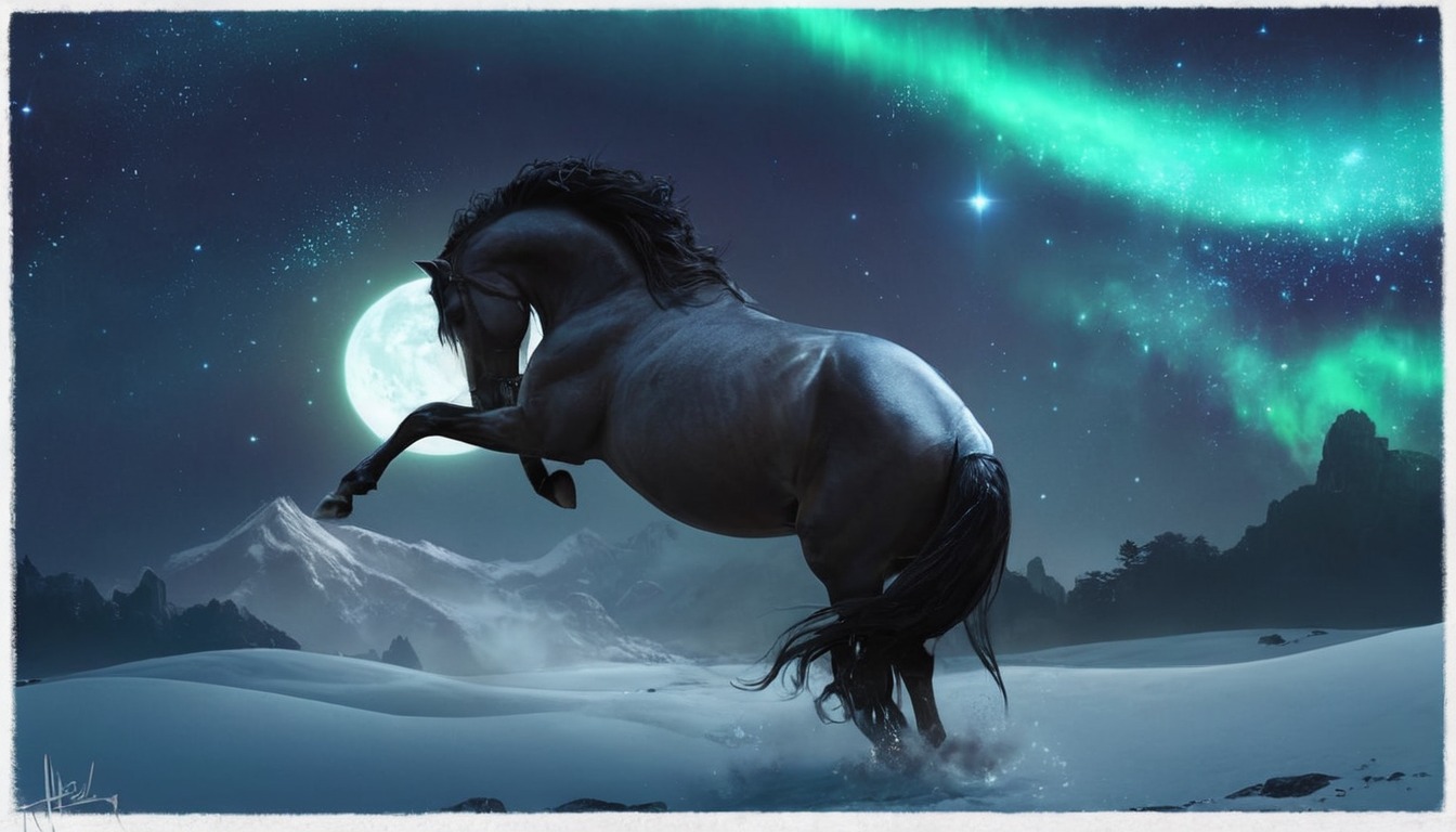 horse, horseart, horsedrawing, lights, magic, magical, mythology, night, nordic, norse, wolf, horseartwork