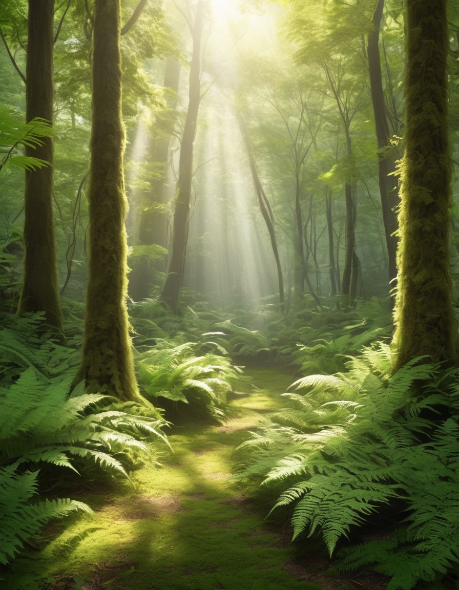 forest, sunlight, canopy, ferns, nature