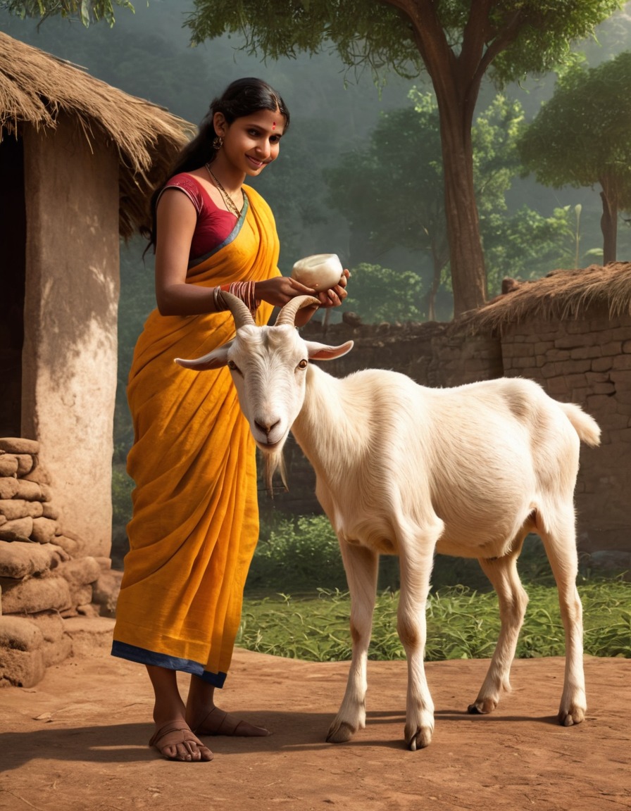 ancient india, rural village, woman, milking, goat, 200 ad