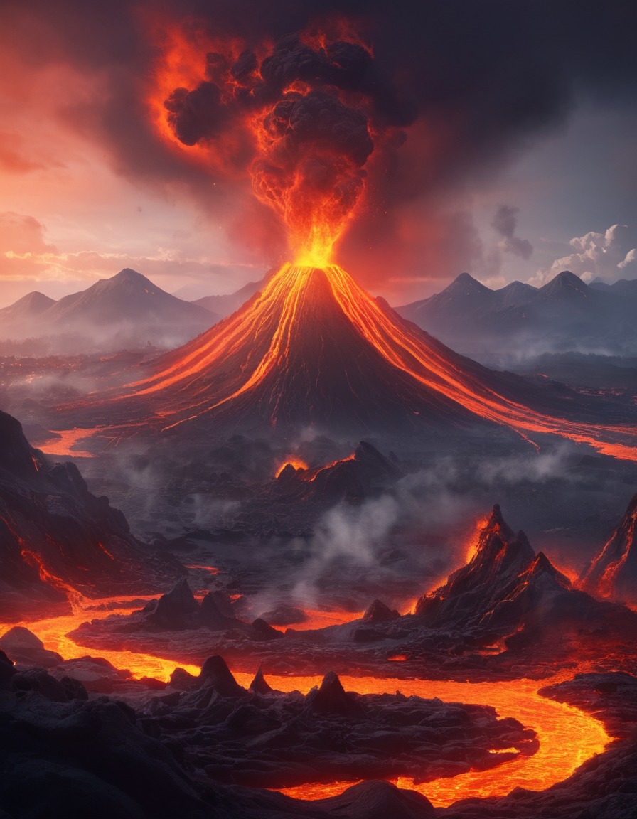 volcano island, fiery creatures, lava flows, fantasy world, mythical beings, fantastic