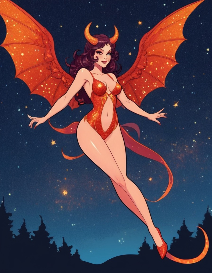 fantasy, succubus, wings, night sky, fiery, sparkles